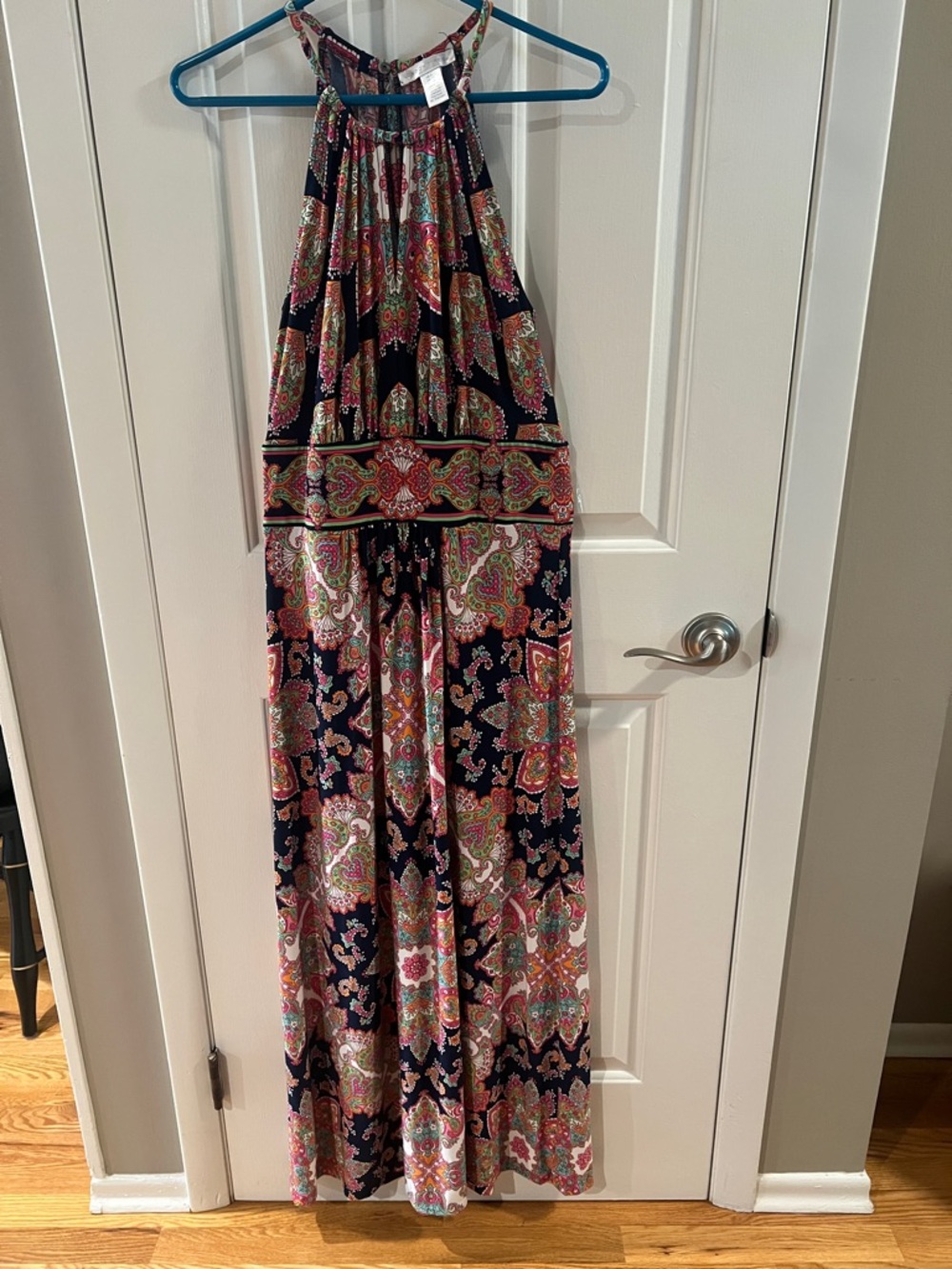 London Times Halter Maxi Dress in Navy with Multicolor Paisley